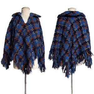 70s Vintage Wool Sweater Cape Arolan Kutomo Finland Boho Hippie Fringe Plaid.